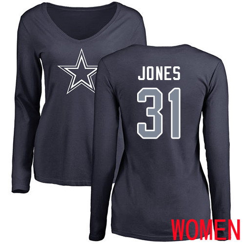 Women Dallas Cowboys Navy Blue Byron Jones Name and Number Logo Slim Fit #31 Long Sleeve Nike NFL T Shirt